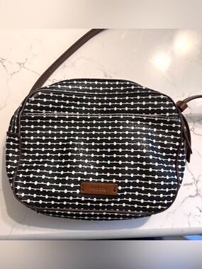 Fossil Vintage Y2K Crossbody Bag Black White Print Leather Trim SHB1802